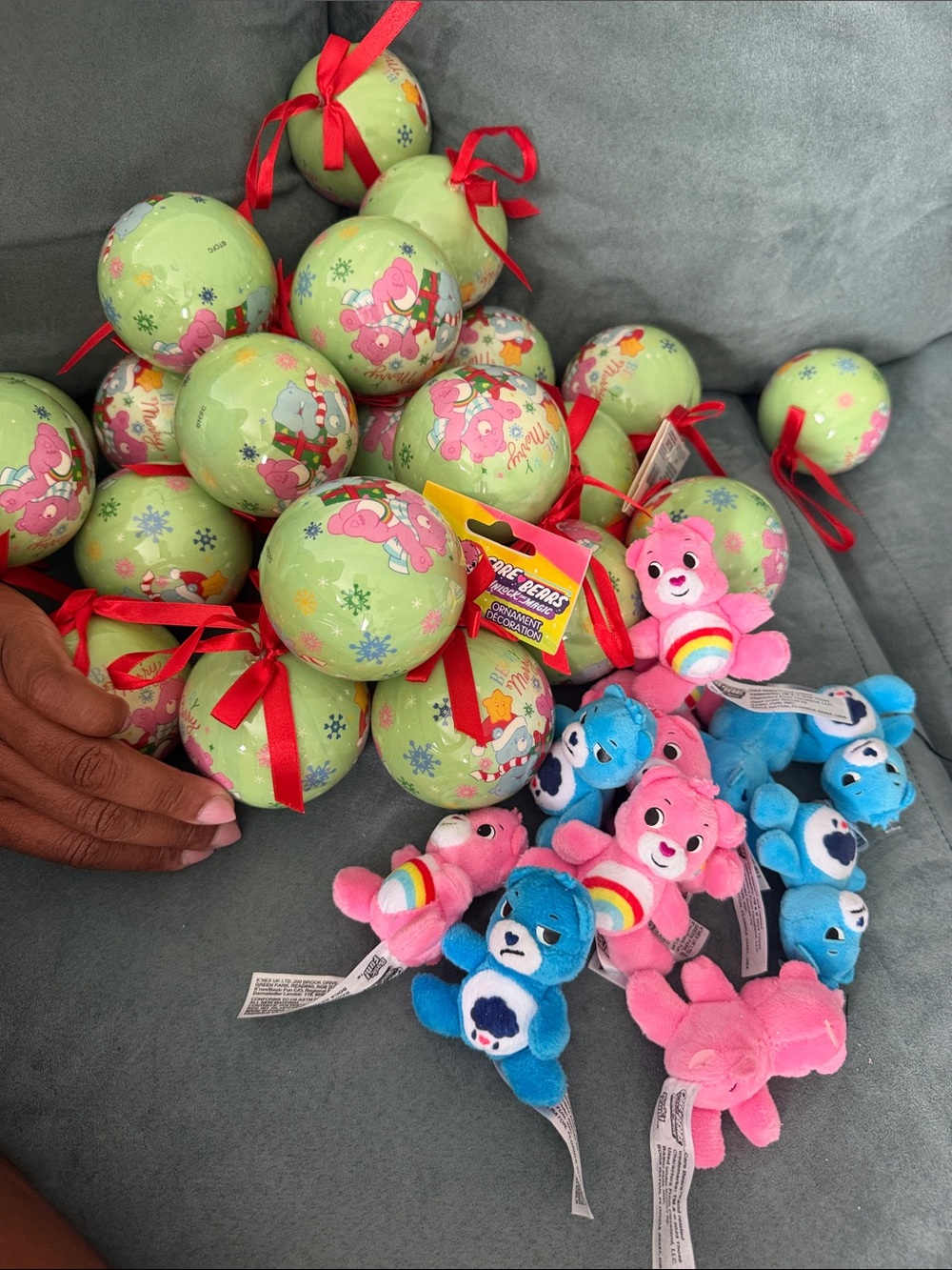 Care Bears Pink & Blue Mini Plush Ornament Bundle with Green Ornament Balls